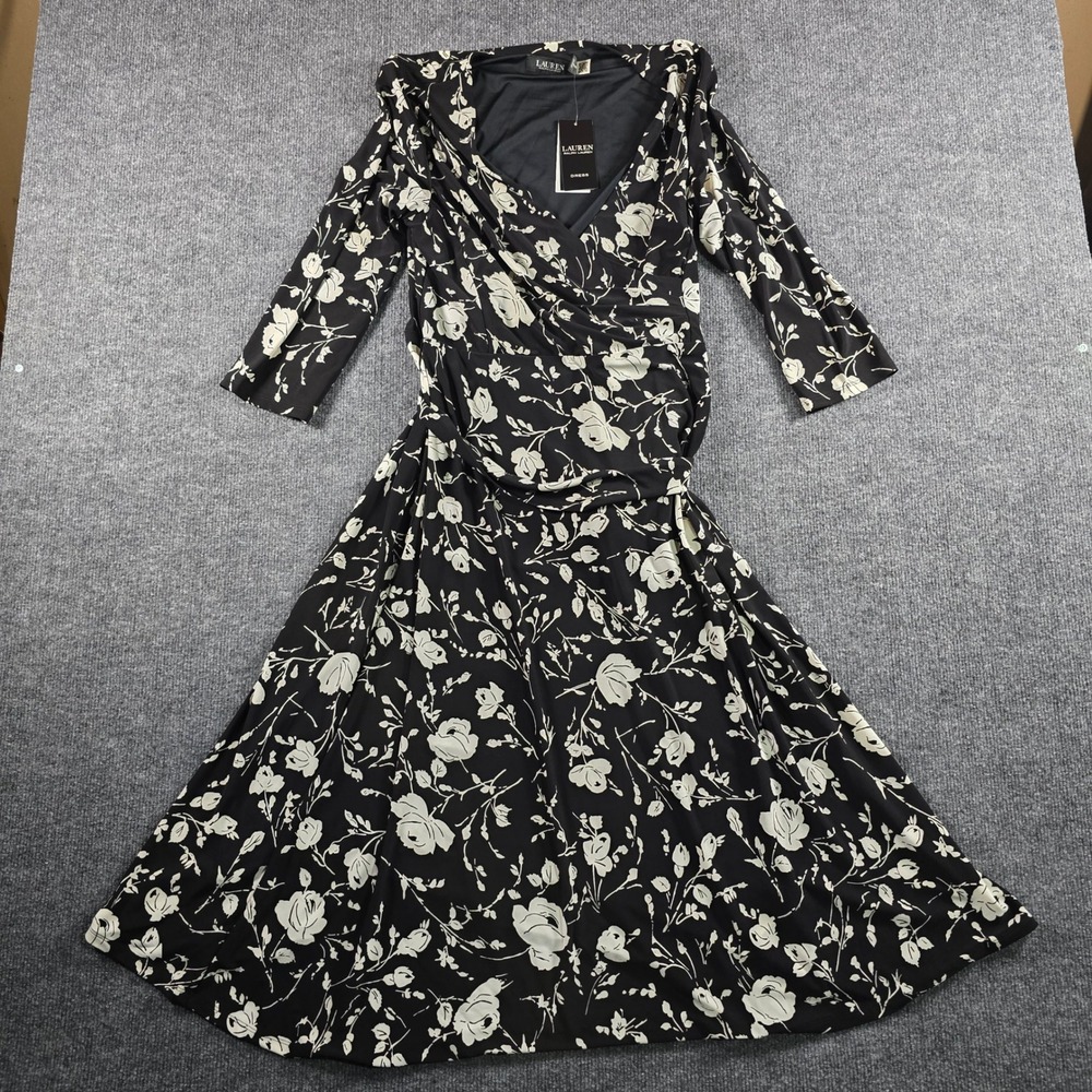 Lauren Ralph Lauren Black Floral Wrap Dress Ruched Jersey Midi 10 NEW $145